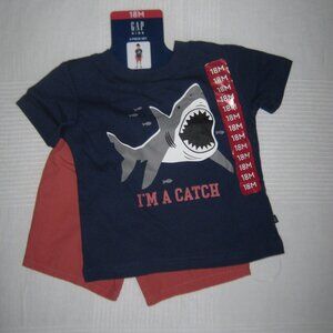 NWT Kids GAP 2-Piece Shorts T-Shirt Set Shark I'm a Catch 100% Cotton Size 18M